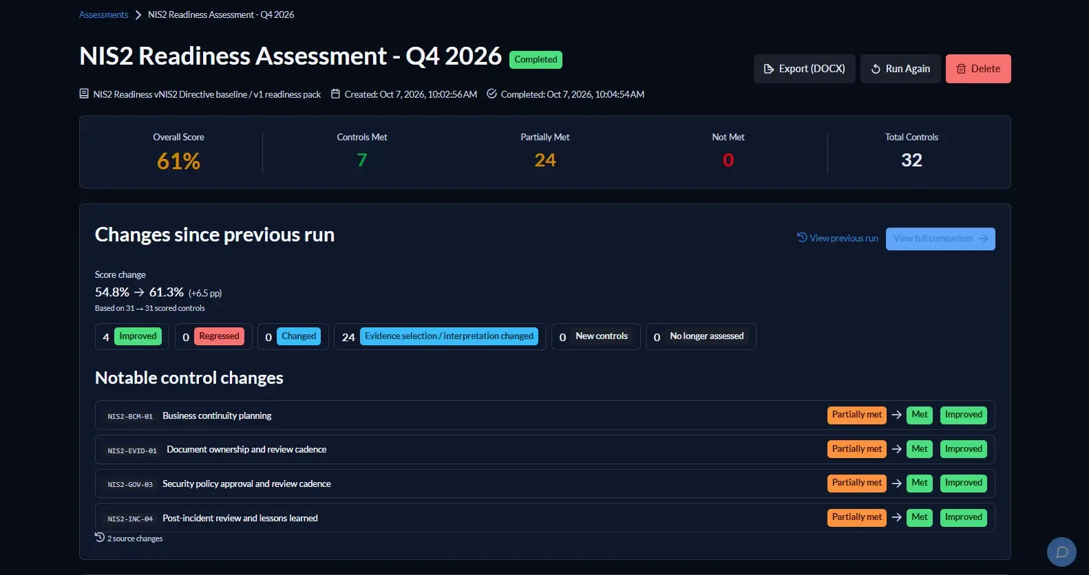 AlturaQuantera NIS2 reassessment diff showing improved controls and the score change since the previous run.